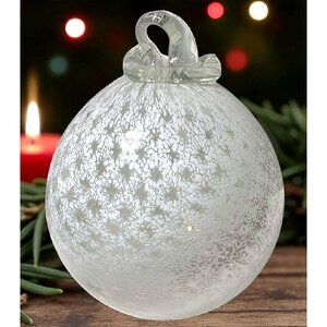 Heavy Blown Glass Ornament Frosted Snowflakes Handcrafted Bauble Witch Ball 13oz